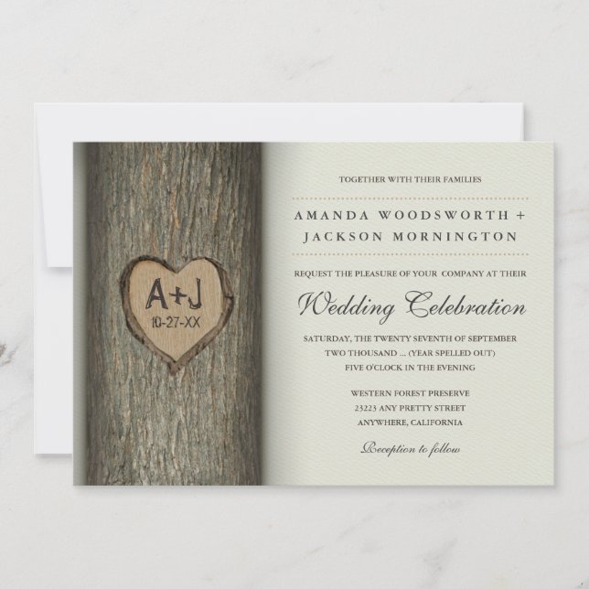 Carved Initials Heart Oak Tree Wedding Invitations (Front)