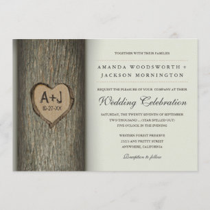 Carved Initials Heart Oak Tree Wedding Invitations