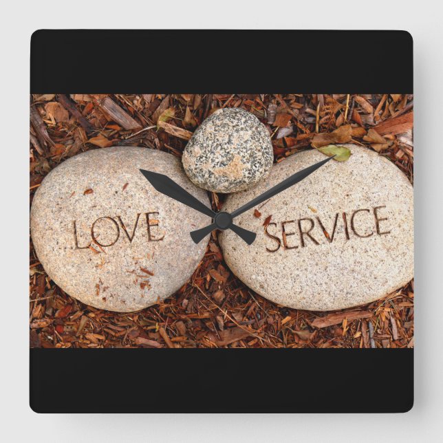 Carved "Love" "Service" Stones Square Wall Clock (Front)