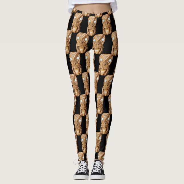 Carved Maori Tiki Face Thunder_Cove Leggings (Front)