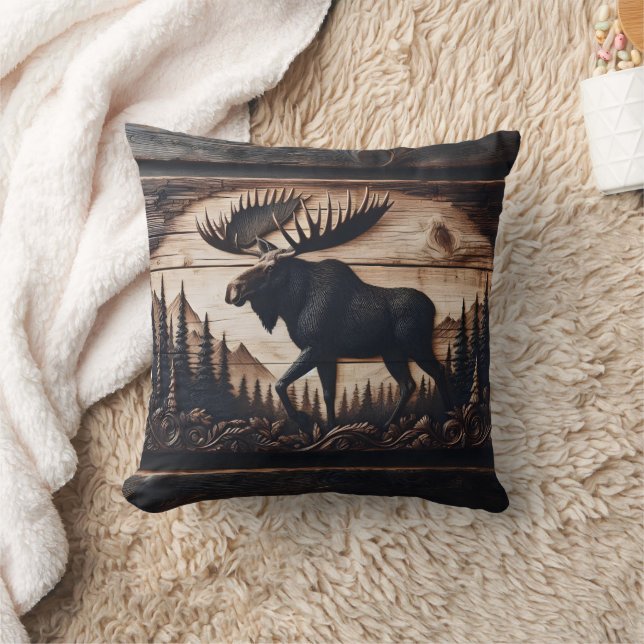 Carved Moose Design in Forest Setting Cushion (Blanket)