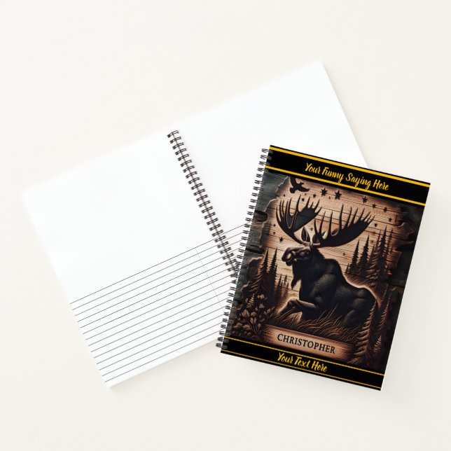 Carved moose in a forest at night with starry sky notebook (Inside)