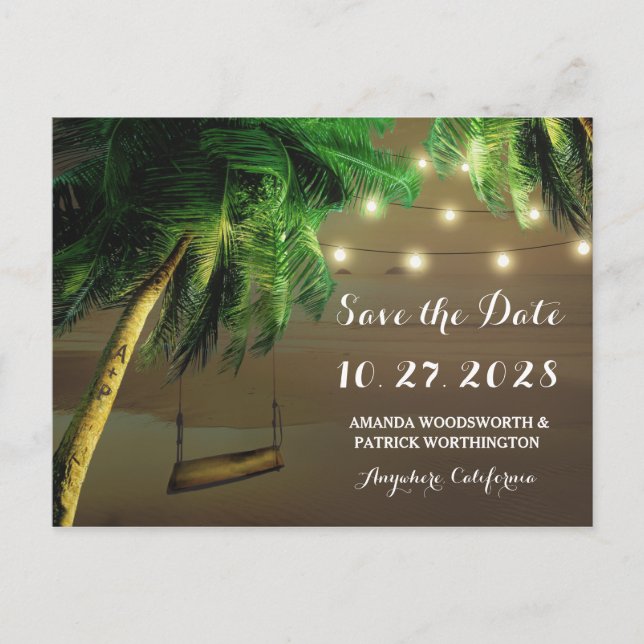 Carved Palm Tree Beach Lights Save The Date Cards (Front)