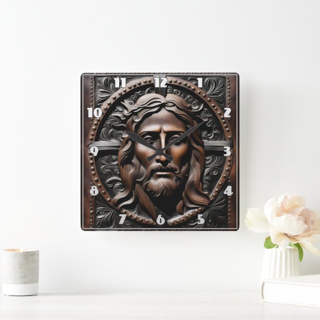 Carved Portrait of Jesus With Ornate Background Square Wall Clock (Home)
