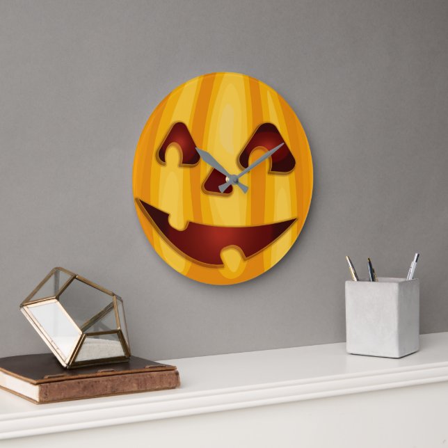 Carved pumpkin smiling Halloween design Large Clock (Office)