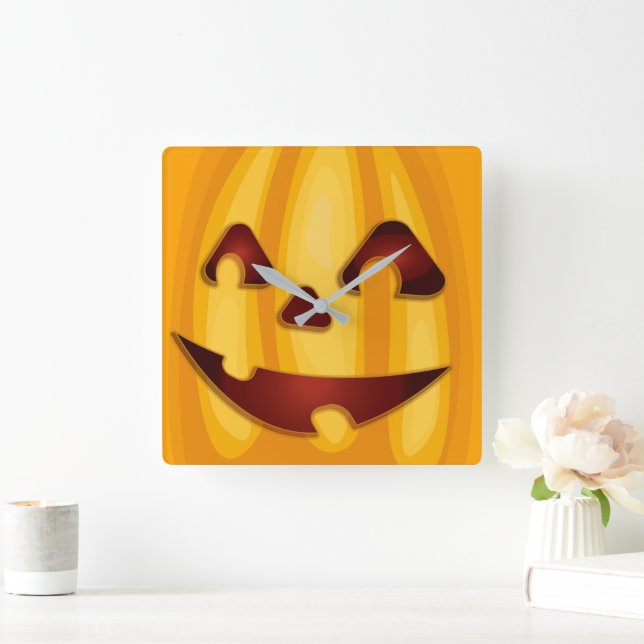 Carved pumpkin smiling Halloween design Square Wall Clock (Home)