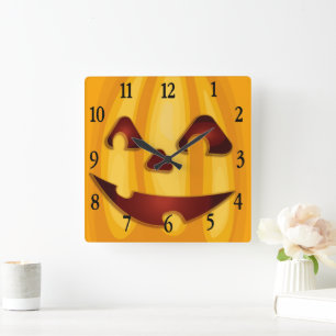 Carved pumpkin smiling Halloween design Square Wall Clock