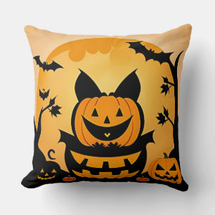 Carved Pumpkins and Bats in Silhouette Cushion