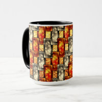 Carved rectangular pieces lined in beige and red