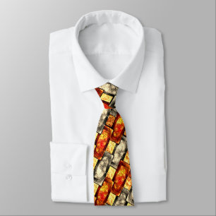 Carved rectangular pieces reddish and beige align tie