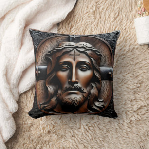 Carved Relief of Jesus With Crosses Background Cushion