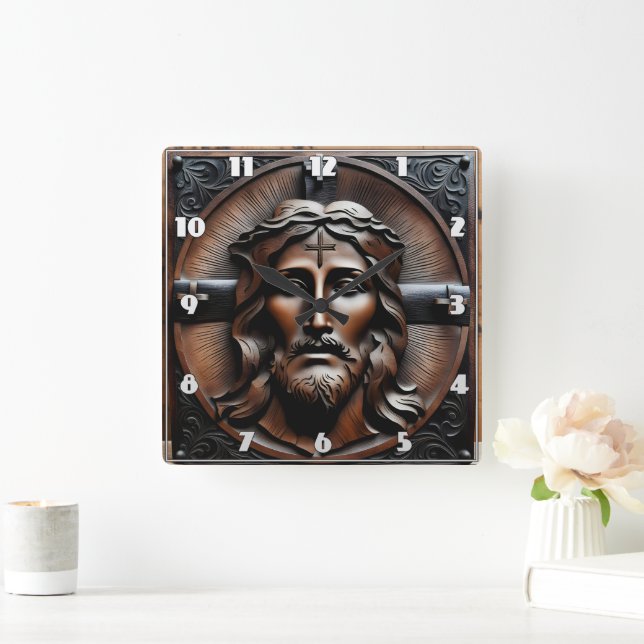 Carved Relief of Jesus With Crosses Background Square Wall Clock (Home)
