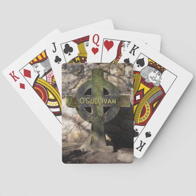 Carved Stone Celtic Cross Custom Name Playing Cards (Back)