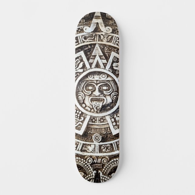 Carved Stone Mayan Aztec Mesoamerican Sun Calendar Skateboard (Front)