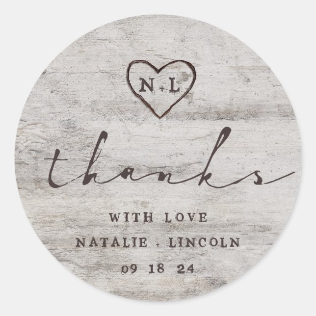Carved Sweethearts Birch Tree Wedding Thank You Classic Round Sticker (Front)