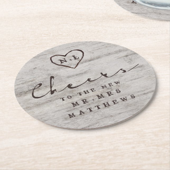 Carved Sweethearts Cheers to the new Mr. & Mrs. Round Paper Coaster (Angled)