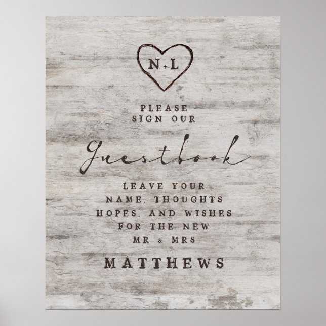 Carved Sweethearts Rustic Birch Guestbook Sign (Front)