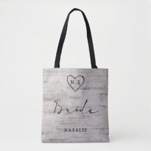 Carved Sweethearts Rustic Birch Monogram Bride Tote Bag