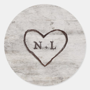 Carved Sweethearts Rustic Birch Monogram Wedding Classic Round Sticker