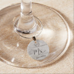 Carved Sweethearts Rustic Birch  Personalised Mr. Wine Charm<br><div class="desc">Carved Sweethearts Rustic Birch Wood with Aged Grey & Off White Birch Tree Bark Design, and a distressed patina weathered look. This reclaimed lumber design features the couple's initials carved into the heart shape within the tree. Also, distressed typography country chic fonts, along with an elegant vintage handwriting script font....</div>