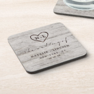 Carved Sweethearts Rustic Birch Wedding Monogram Coaster
