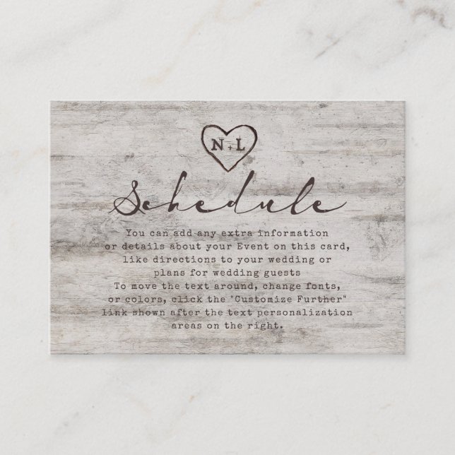 Carved Sweethearts Rustic Birch Wedding Schedule Enclosure Card (Front)