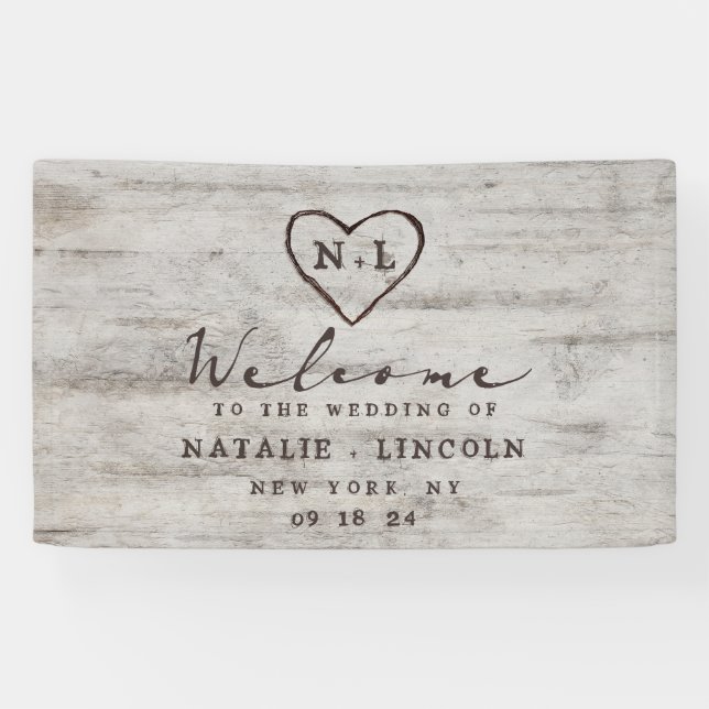 Carved Sweethearts Rustic Birch Wedding Welcome Banner (Horizontal)