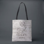 Carved Sweethearts Rustic Birch Wood Maid of Honou Tote Bag<br><div class="desc">Carved Sweethearts Rustic Birch Wood with Aged Grey & Off White Birch Tree Bark Design, and a distressed patina weathered look. This reclaimed lumber design features the couple's initials carved into the heart shape within the tree. Also, distressed typography country chic fonts, along with an elegant vintage handwriting script font....</div>