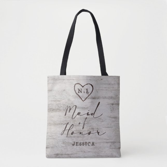 Carved Sweethearts Rustic Birch Wood Maid of Honou Tote Bag (Front)