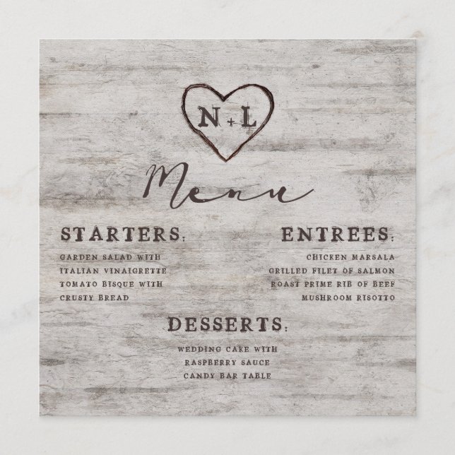Carved Sweethearts Rustic Birch Wood Square Dinner Menu (Front)