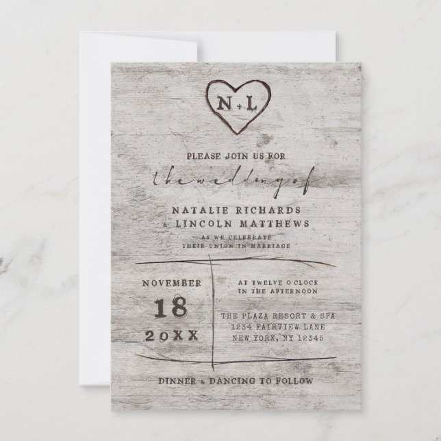 Carved Sweethearts Rustic Birch Wood Wedding Invitation (Front)