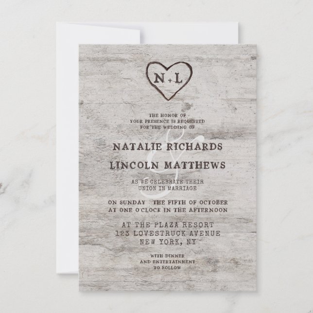 Carved Sweethearts Rustic Birch Wood Wedding Invitation (Front)