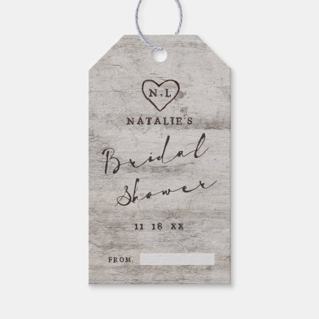 Carved Sweethearts Rustic Bridal Display Shower Gift Tags (Front)