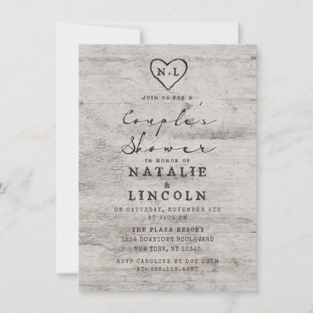 Carved Sweethearts Rustic Couple's Wedding Shower Invitation (Front)