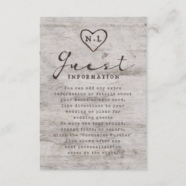 Carved Sweethearts Rustic Tree Wedding Information Enclosure Card (Front)