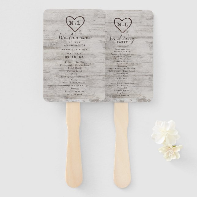 Carved Sweethearts Rustic Wedding Ceremony Program Hand Fan (Front and Back)