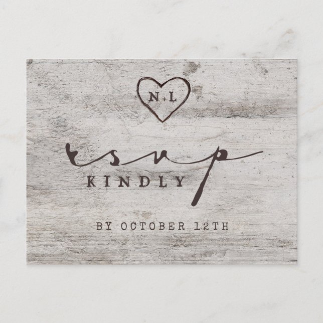 Carved Sweethearts Rustic Wedding Meal Choice RSVP Postcard (Front)