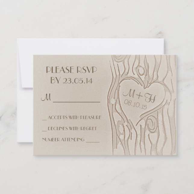 carved tree rustic wedding RSVP cards (Front)