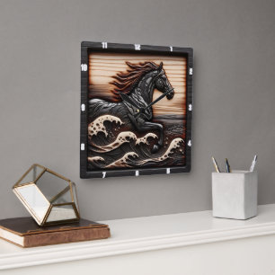 Carved Wave Gallop: Wood Looking Horse  Square Wall Clock