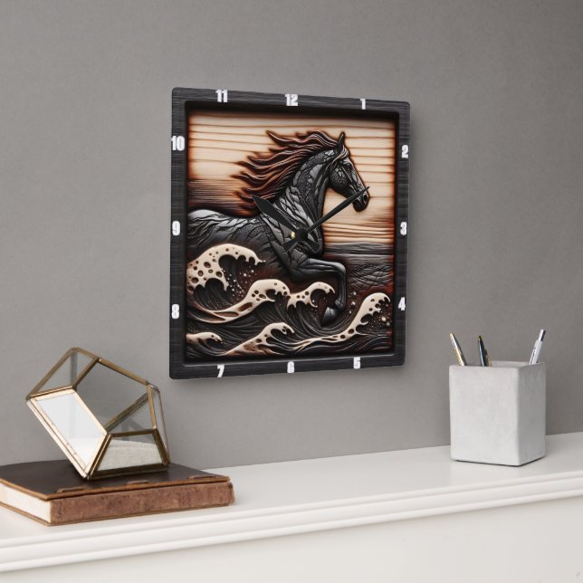 Carved Wave Gallop: Wood Looking Horse  Square Wall Clock (Office)