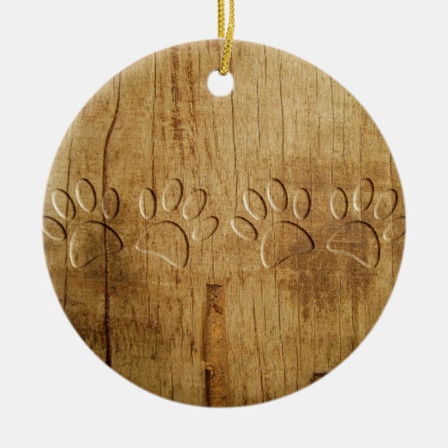 Carved Wood Dog Paw Print Ceramic Tree Decoration (Front)