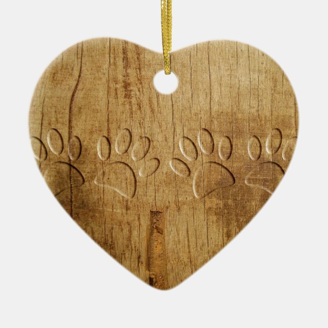 Carved Wood Dog Paw Print Ceramic Tree Decoration (Front)