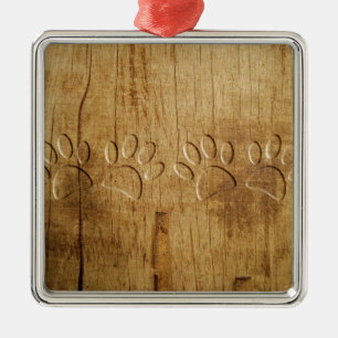 Carved Wood Dog Paw Print Metal Ornament