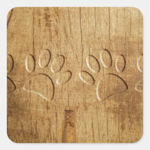 Carved Wood Dog Paw Print Square Sticker