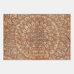 Carved Wood Floral Circles Mandala Personalized Wrapping Paper Sheet