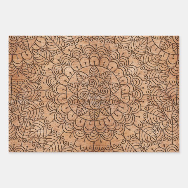 Carved Wood Floral Circles Mandalas Wrapping Paper Sheet (Front)