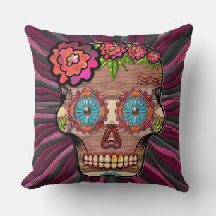 Carved-wood-look sugar skull w/ Floral Crown Cushion