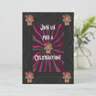 Carved-wood-look sugar skull w/ Floral Crowns Invitation