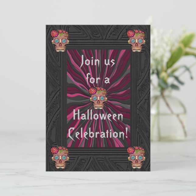 Carved-wood-look sugar skull w/ Floral Crowns Invitation (Standing Front)