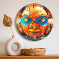Carved wood totem face photo bold graphic colourfu